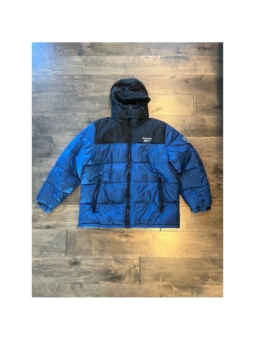 Mens Black & Night Blue Hooded Puffer Coat, XL